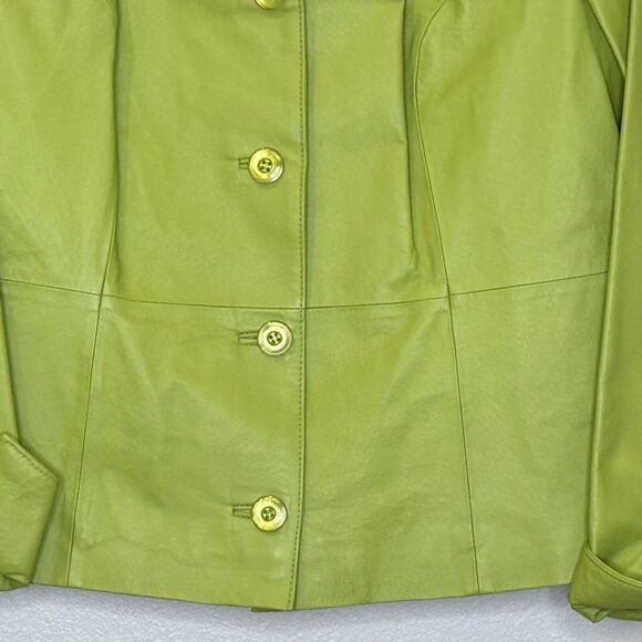 Terry Lewis Womens Leather Jacket Size Medium Green Button Front Roll Cuff Lined - Picture 4 of 8